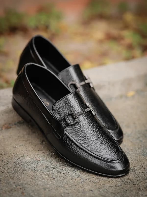 Men's Black Pebbled Leather Bit Loafers