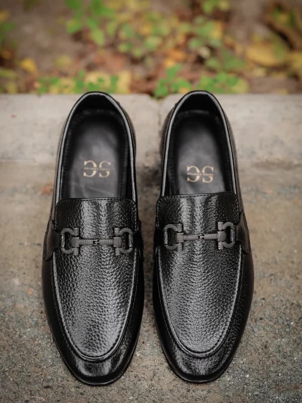 Men's Black Pebbled Leather Bit Loafers