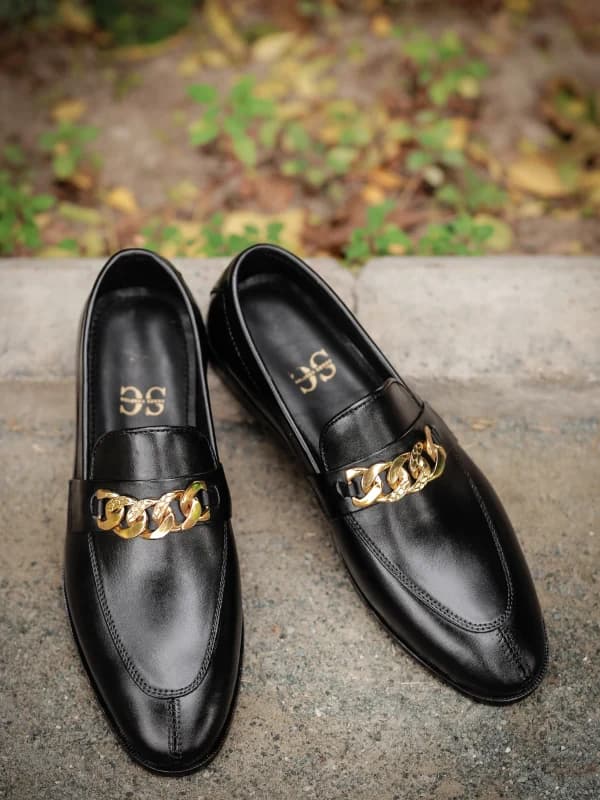 Premium Black Leather Loafers with Gold Chain