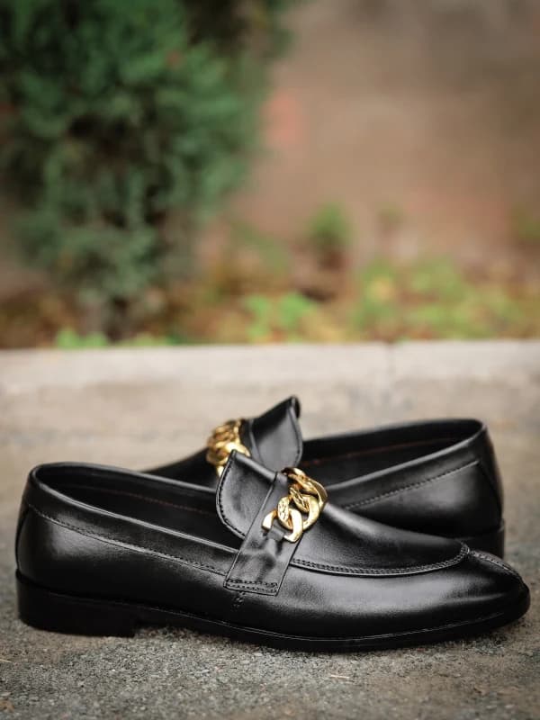 Premium Black Leather Loafers with Gold Chain