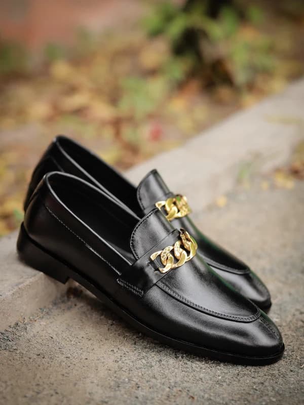 Premium Black Leather Loafers with Gold Chain